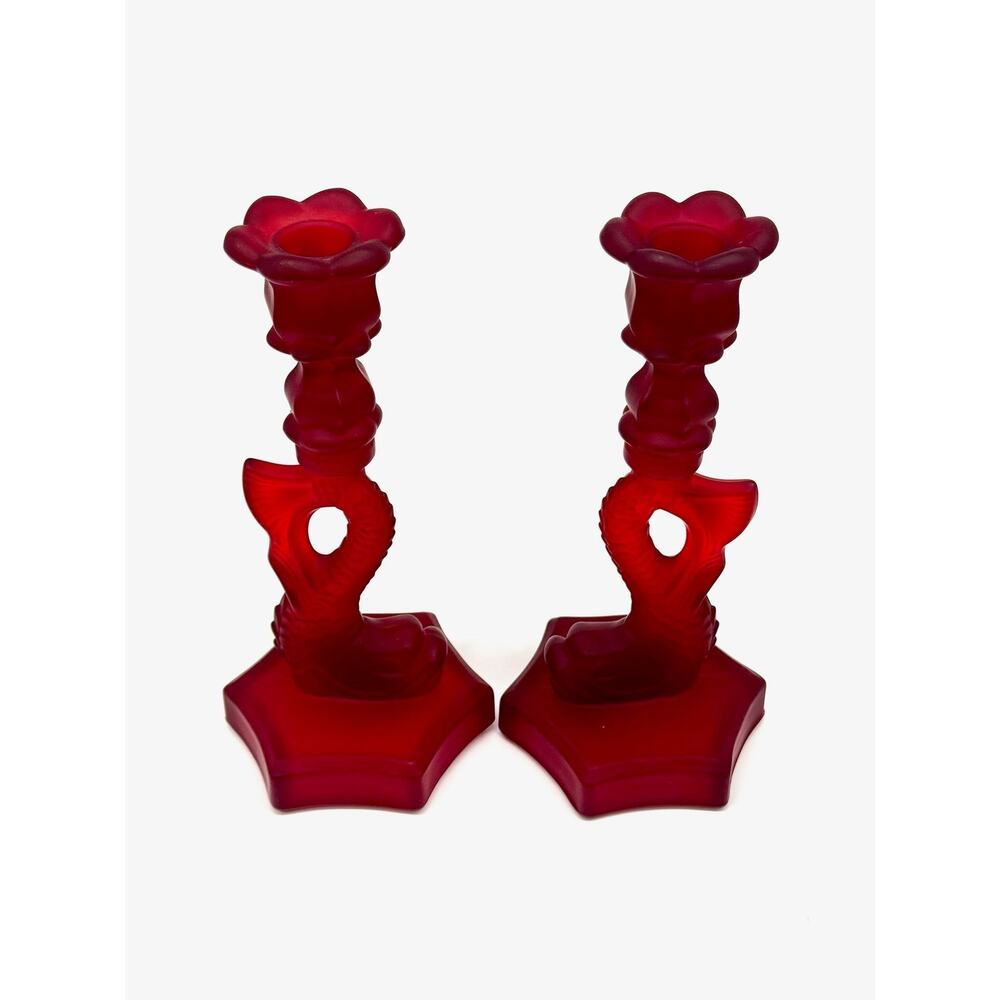 Vintage Red Satin Glass Koi Fish Candle Holders 10"H - Set of 2